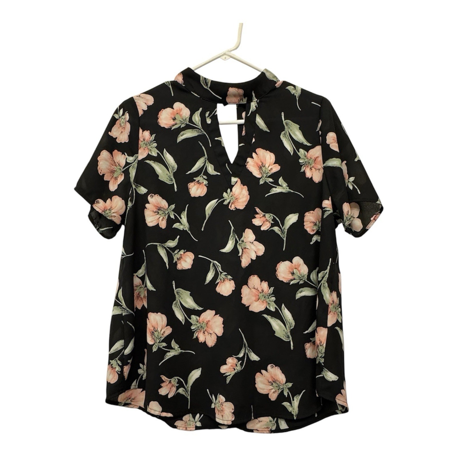 Black Floral Blouse From Sienna Sky With A Split Neck And Short Sleeves Size L
